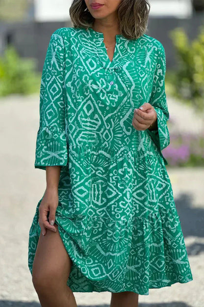 CD | Rochie casual cu imprimeu geometric și nasturi, decolteu în V, fustă tart