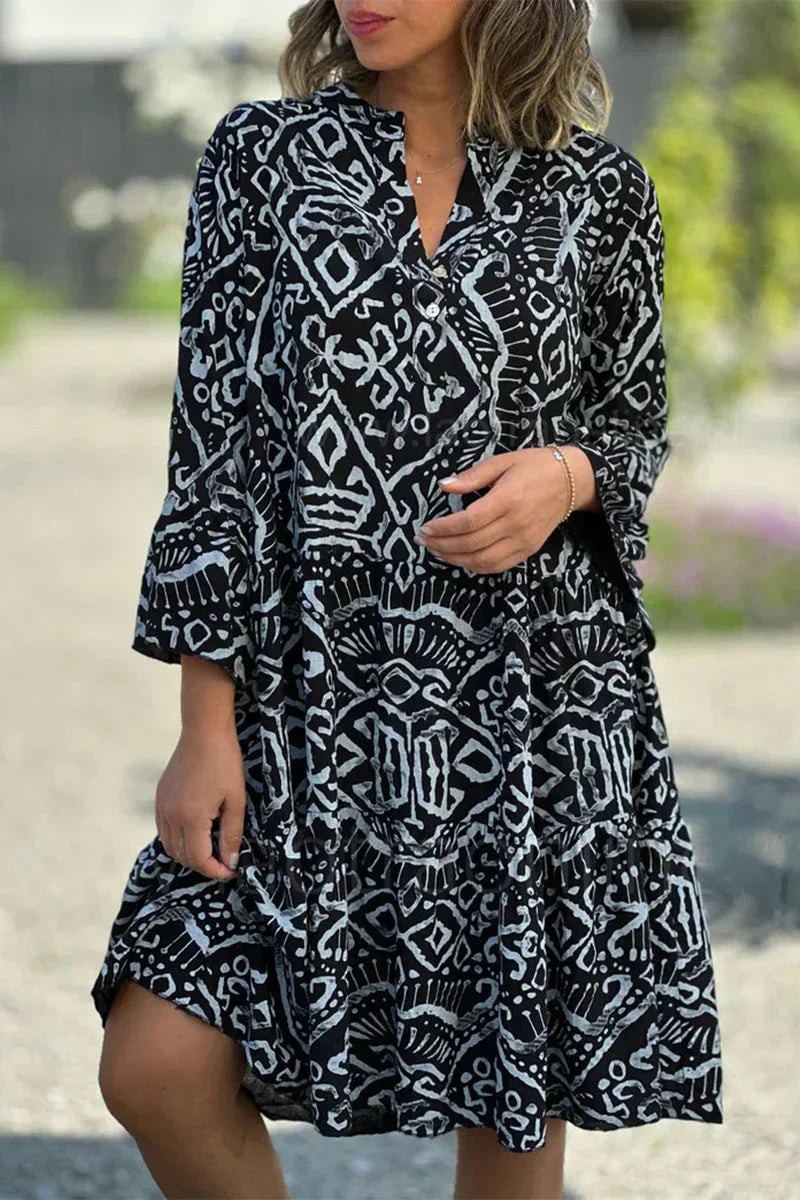 CD | Rochie casual cu imprimeu geometric și nasturi, decolteu în V, fustă tart