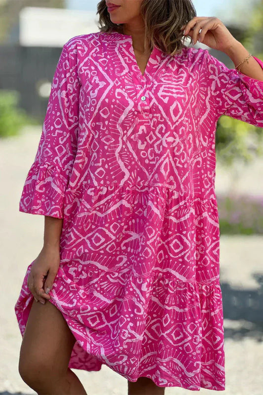 CD | Rochie casual cu imprimeu geometric și nasturi, decolteu în V, fustă tart