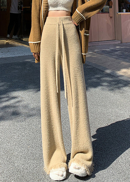 Khaki Elastic Waist Mink Hair Knitted Flare Bottoms Tasseled