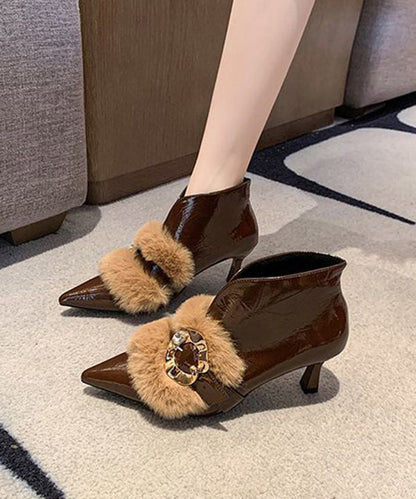 Khaki High Heel Faux Leather Fur Splicing Boots