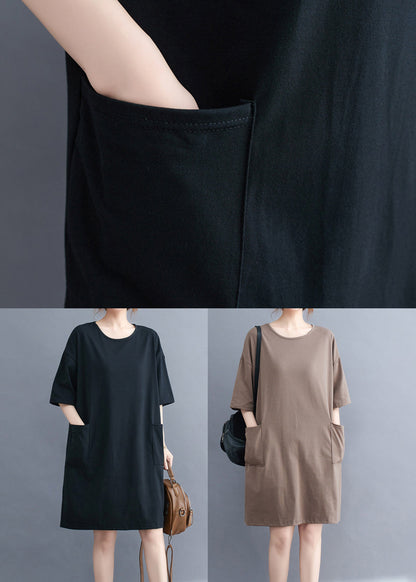 Khaki Oversized Cotton Dress O-neck Pockets Summer