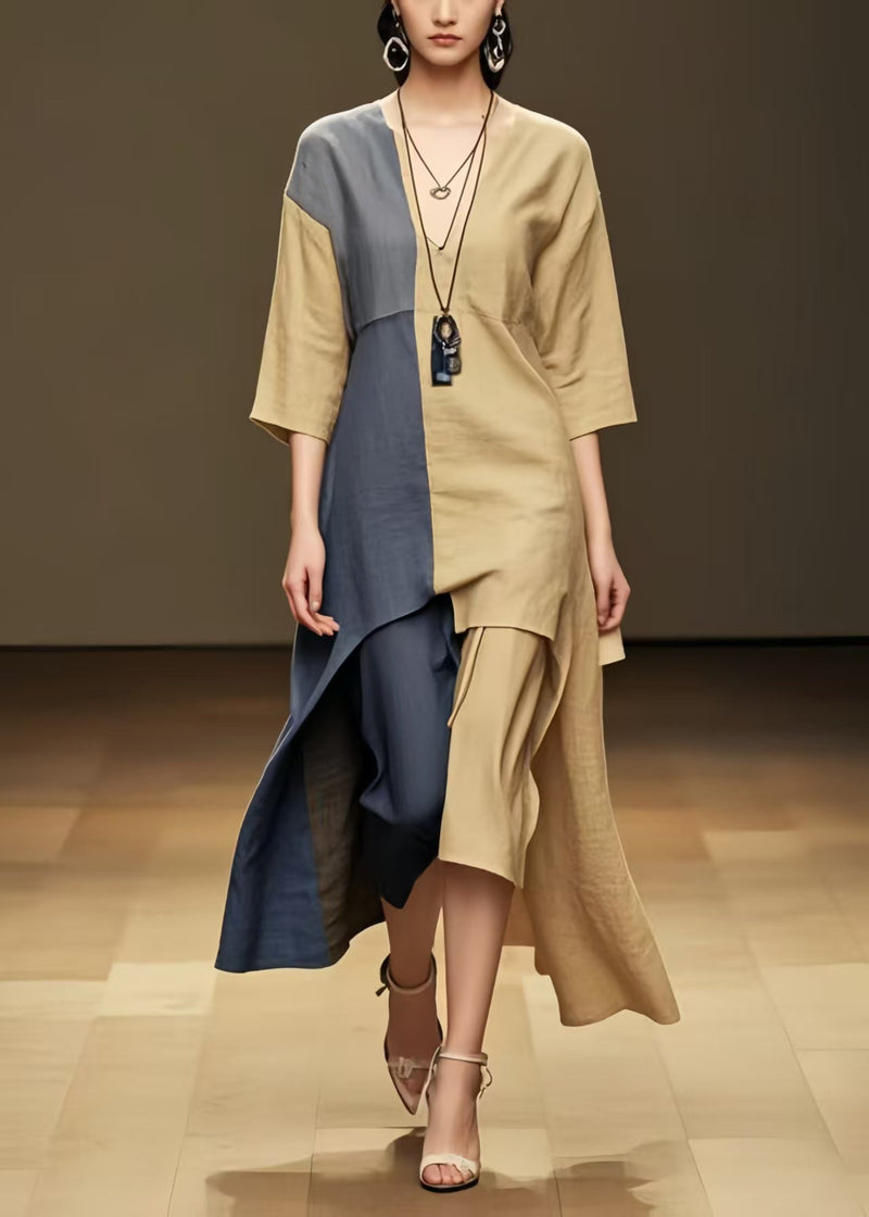 Khaki Patchwork Cotton Long Dresses Asymmetrical Summer