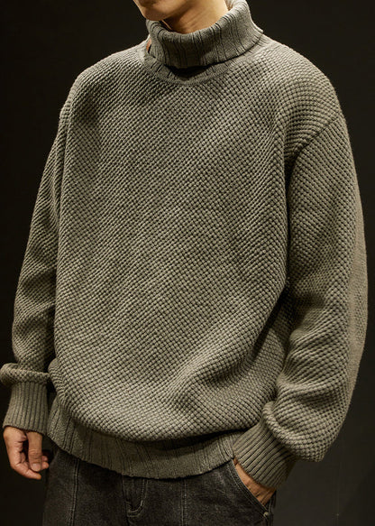 Khaki Cotton Knit Winter Sweater Turtleneck
