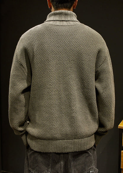 Khaki Cotton Knit Winter Sweater Turtleneck