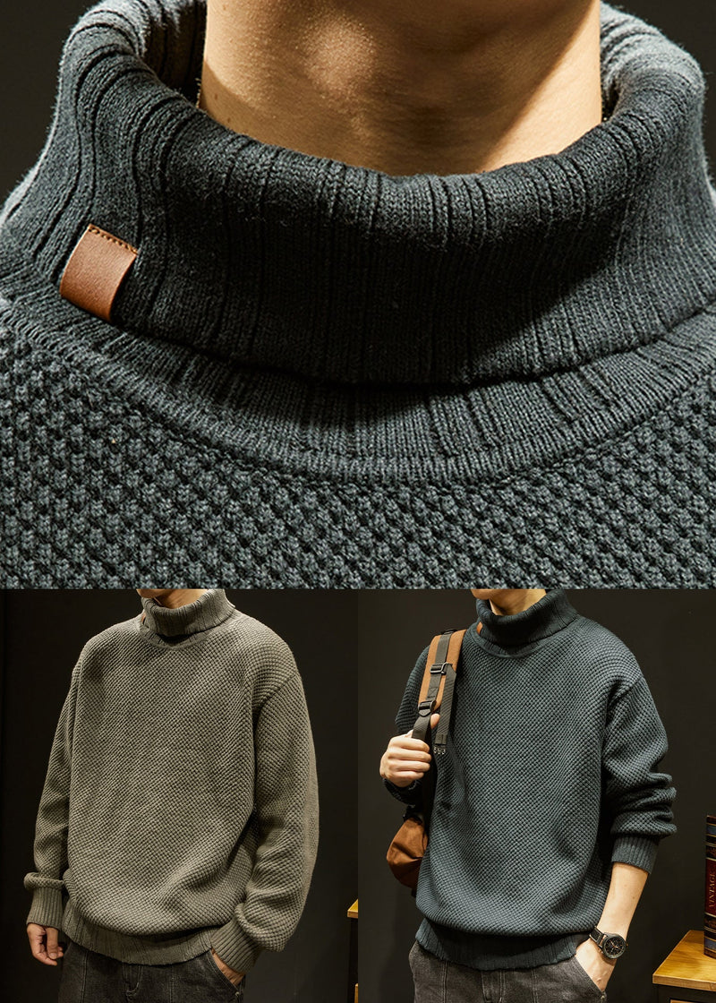 Khaki Cotton Knit Winter Sweater Turtleneck