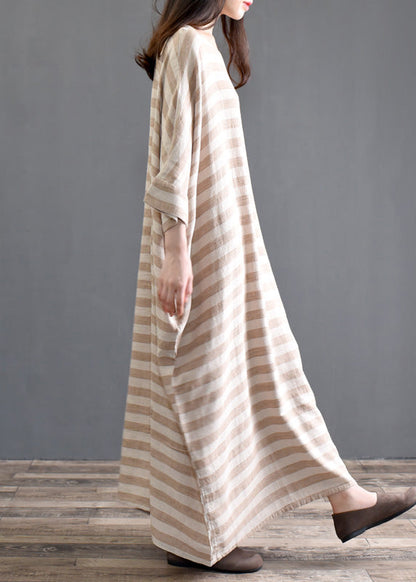 Khaki Striped Patchwork Oversized Cotton Long Dresses O-neck Half Sleeve