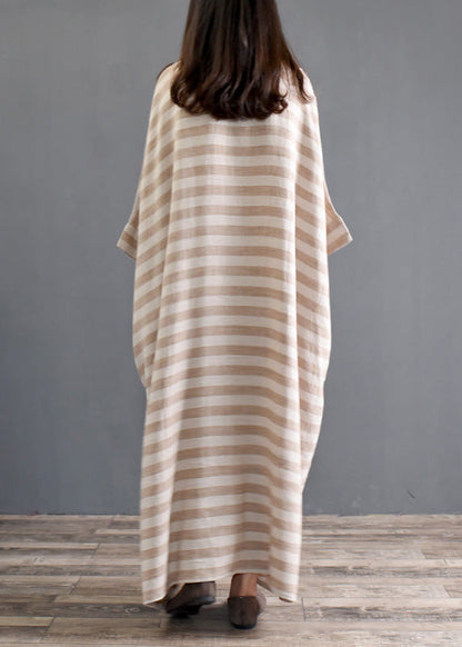 Khaki Striped Patchwork Oversized Cotton Long Dresses O-neck Half Sleeve