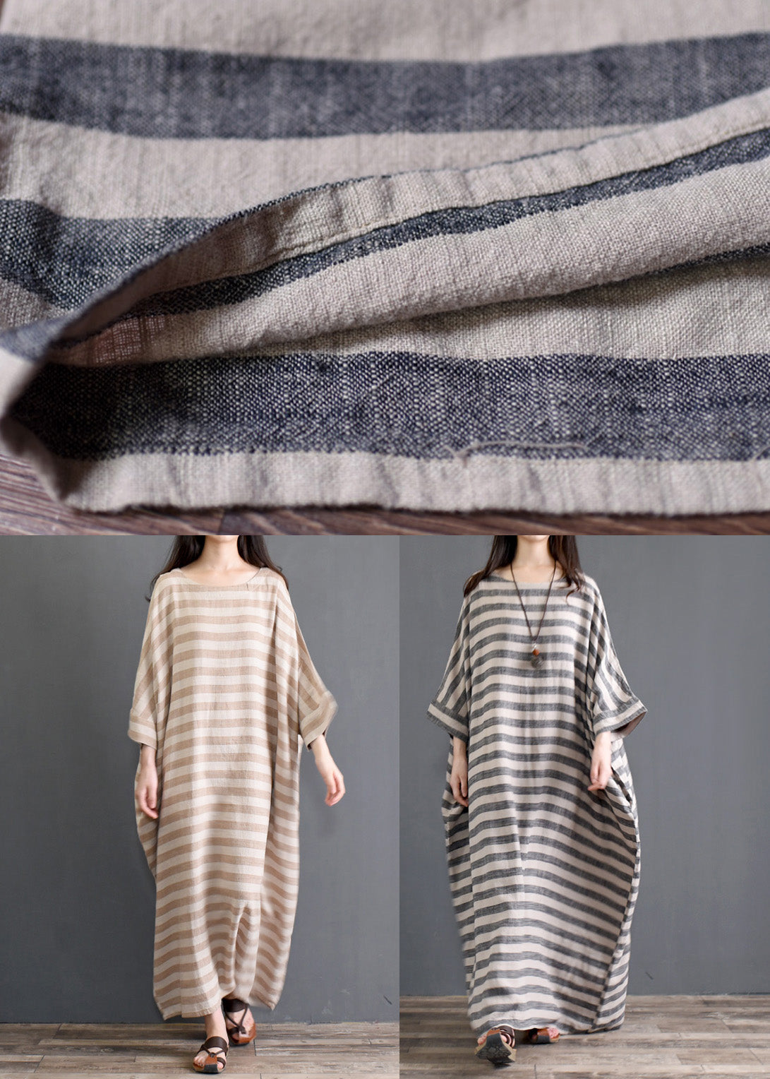 Khaki Striped Patchwork Oversized Cotton Long Dresses O-neck Half Sleeve