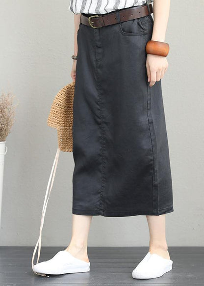 Khaki Ramie Mid-length Skirt With Elastic Waist