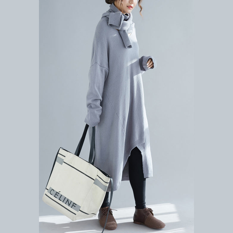 Knitted O Neck Asymmetric Sweater Outfits Upcycle Gray Fuzzy Knit Top
