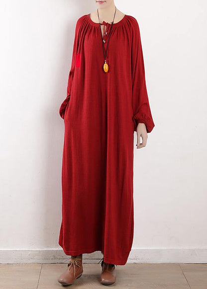 Knitted O Neck Cinched Sweater Dress Outfit Red Daily Knitwear Fall