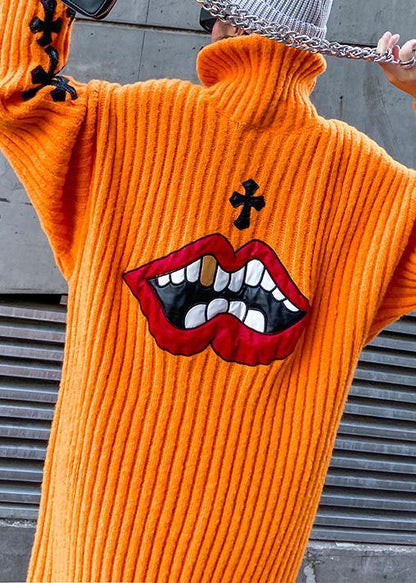 Knitted Orange Sweater Weather Street Style Appliques Tejidos High Neck Sweater Dresses