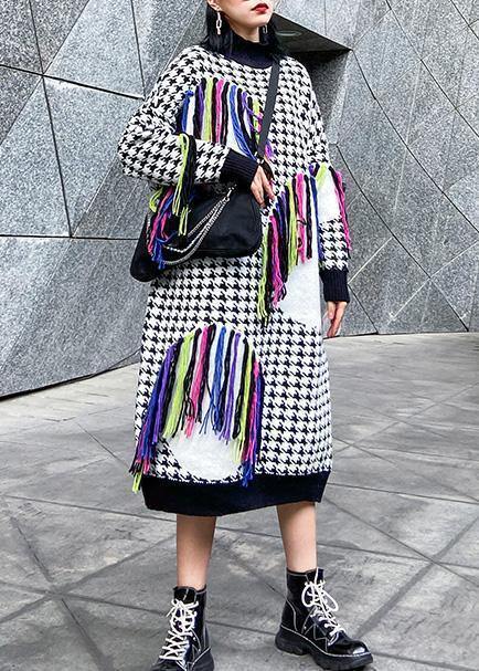 Knitted Plaid Sweater Dresses Design Tassel Oversized High Neck Sweater Dresses