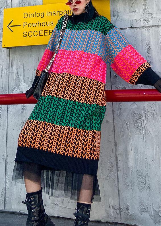 Knitted Rainbow Sweater Dress Outfit O Neck Spring Sweater Dress