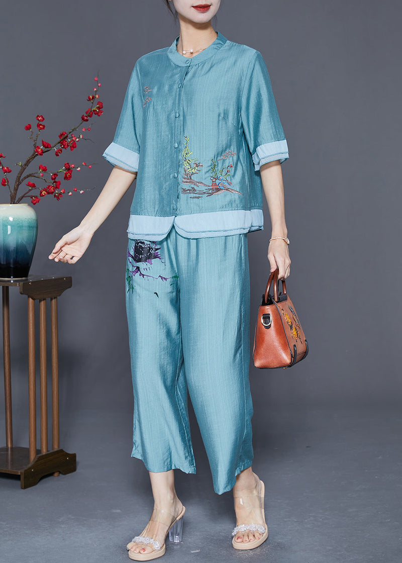 Lake Blue Patchwork Linen Silk Two Piece Set Clothing Embroideried Summer