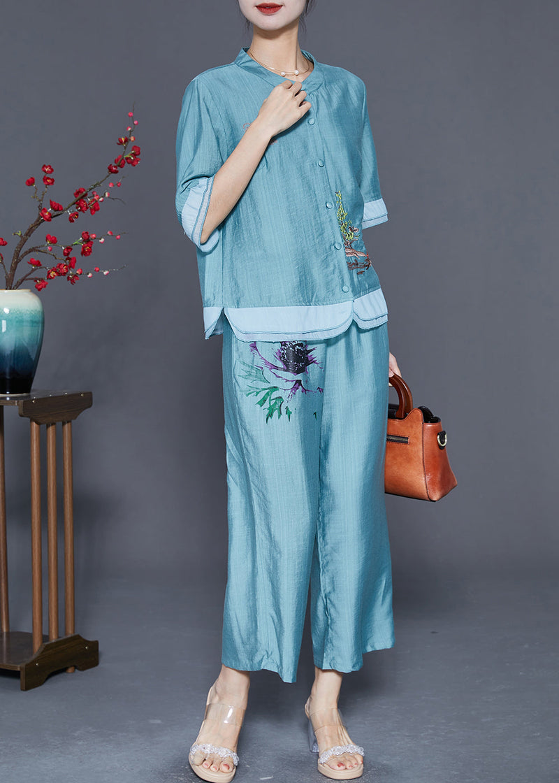 Lake Blue Patchwork Linen Silk Two Piece Set Clothing Embroideried Summer