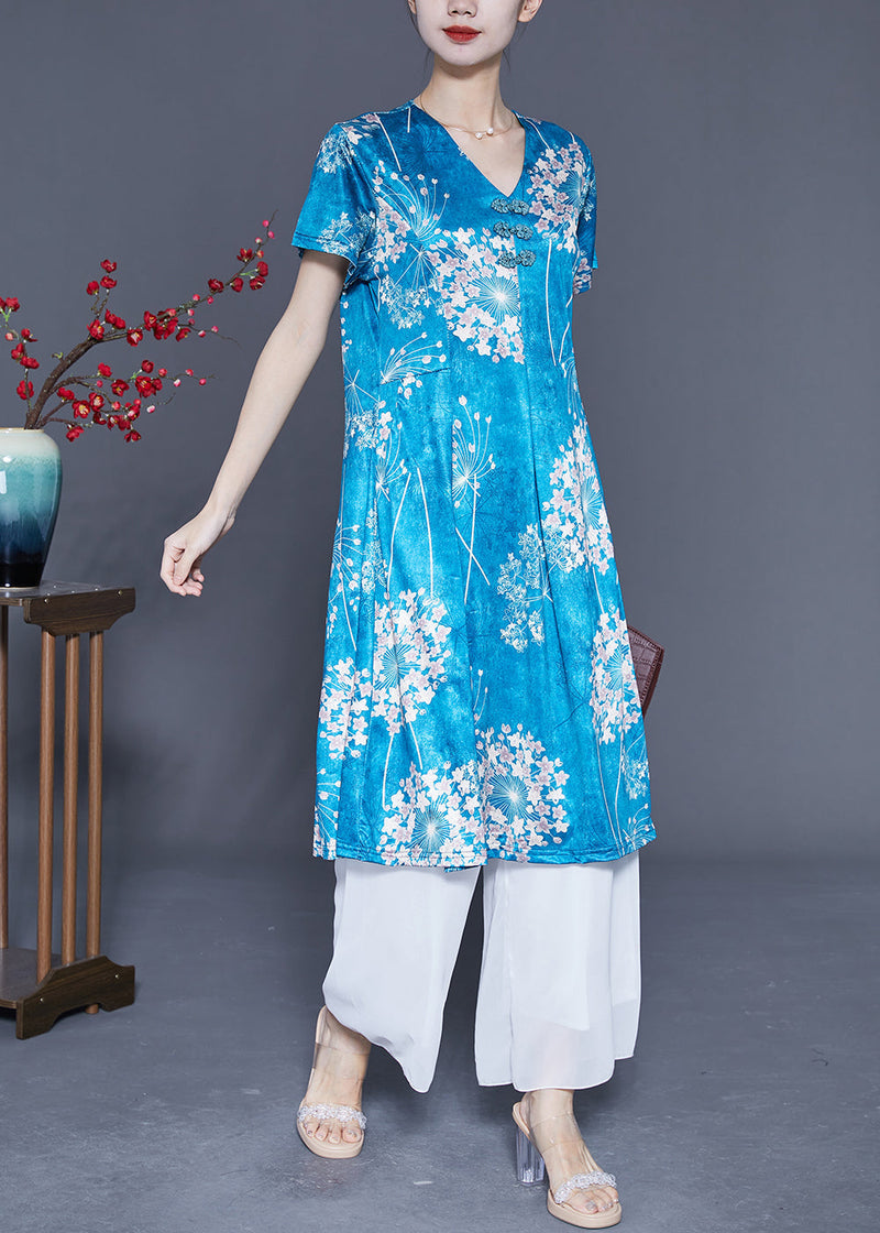 Lake Blue Print Silk a Line Dress Chinese Button Summer