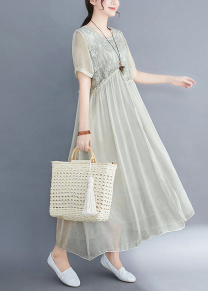 Lake Green Loose Silk Dresses O-neck Ruffled Short Sleeve