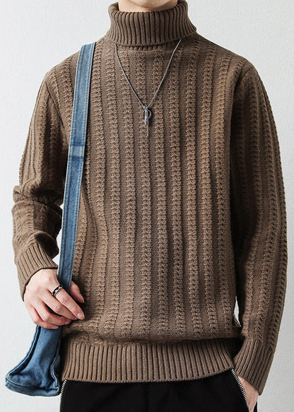 Light Camel Cotton Knit Sweaters Pullover Turtleneck
