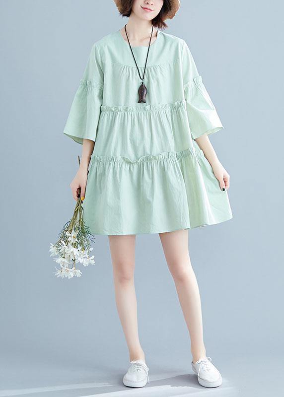 Light Green O-neck Ruffles Summer Cotton Vacation Dresses