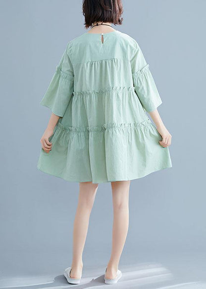 Light Green O-neck Ruffles Summer Cotton Vacation Dresses