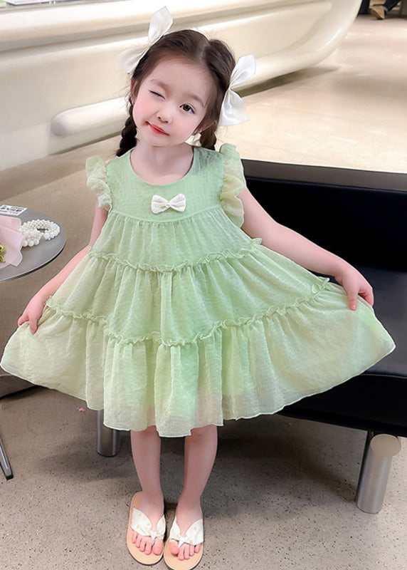 Light Green O-neck Tulle Mid Dresses Short Sleeve