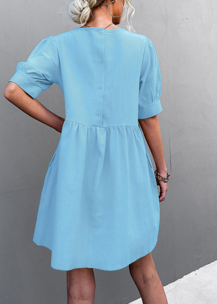 Light Green O-neck Wrinkled Long Dress Short Sleeve