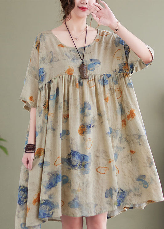 Light Green Print Patchwork Linen Loose Dress O-neck Short Sleeve