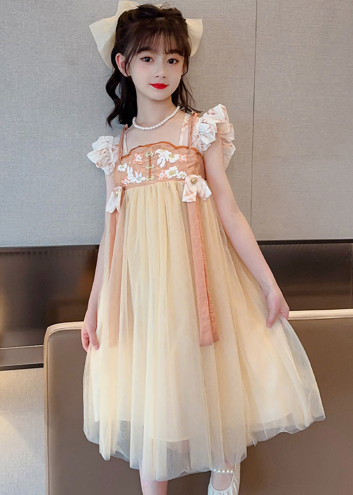 Light Yellow Square Collar Patchwork Tulle Long Dresses Summer