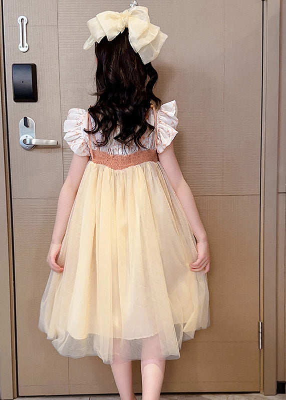 Light Yellow Square Collar Patchwork Tulle Long Dresses Summer