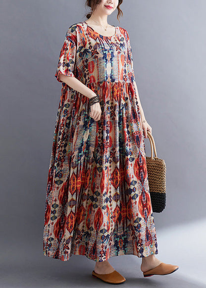 Long Red O-neck Patchwork Cozy Cotton Maxi Dresses Summer