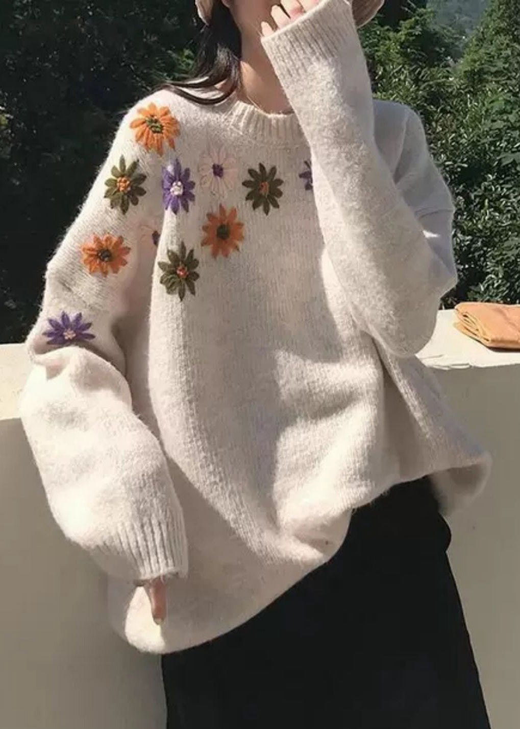 Loose Apricot O-neck Embroideried Cozy Thick Knit Sweaters Fall