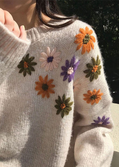 Loose Apricot O-neck Embroideried Cozy Thick Knit Sweaters Fall