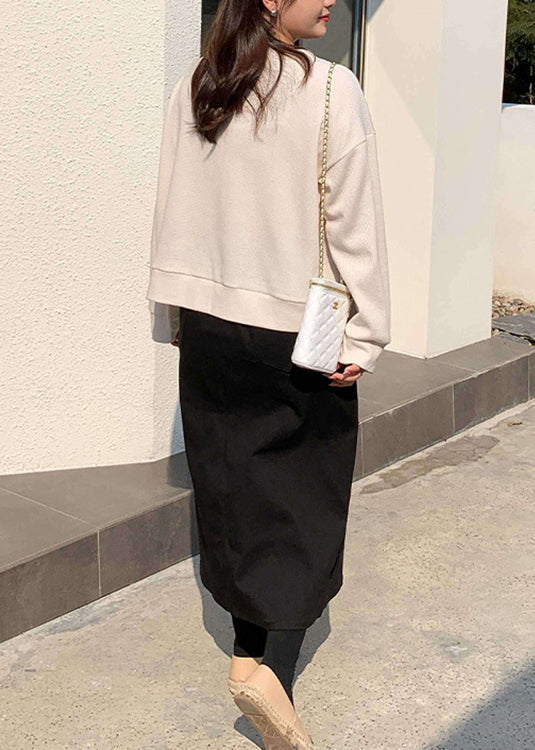 Loose Apricot V Neck Button Knit Tops and Skirts Two Piece Set Fall