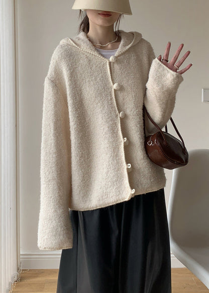 Loose Beige Hooded Button Cotton Knit Coat Spring