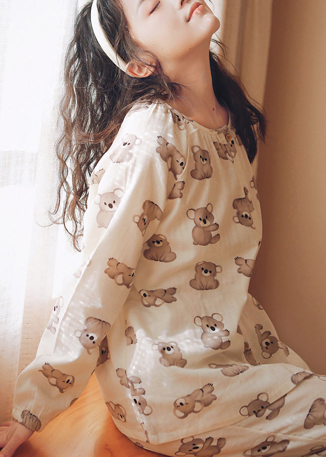 Loose Beige O-neck Animal Print Button Cotton Two Piece Set Long Sleeve