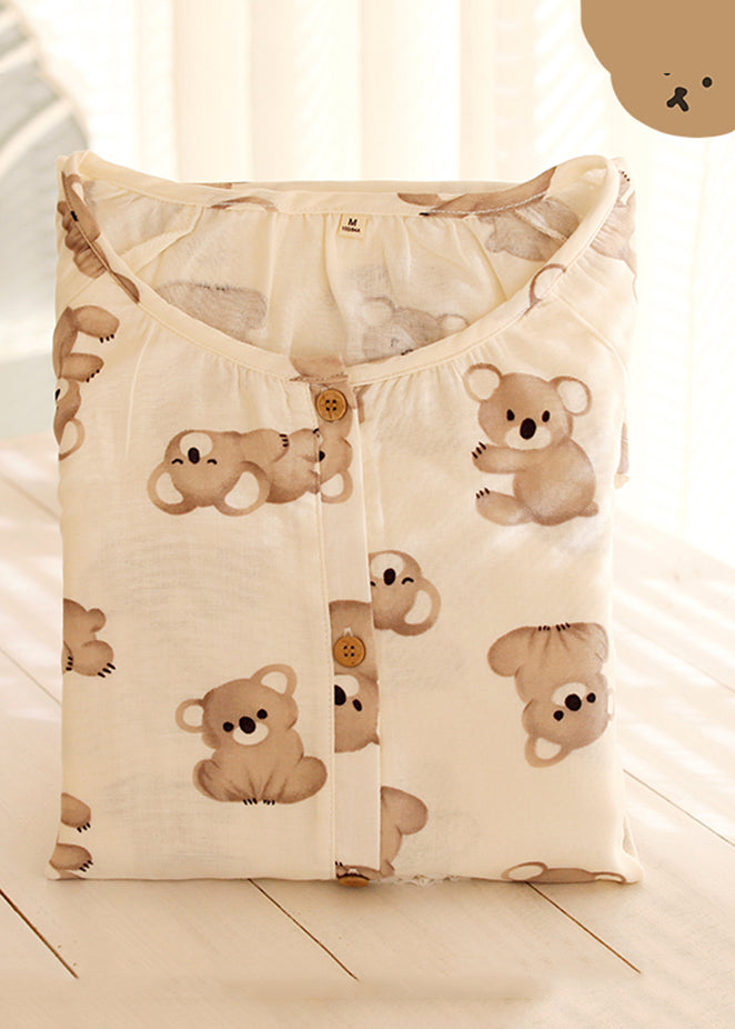 Loose Beige O-neck Animal Print Button Cotton Two Piece Set Long Sleeve