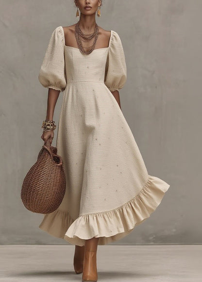 Loose Beige Square Collar Print Long Dress Short Sleeve