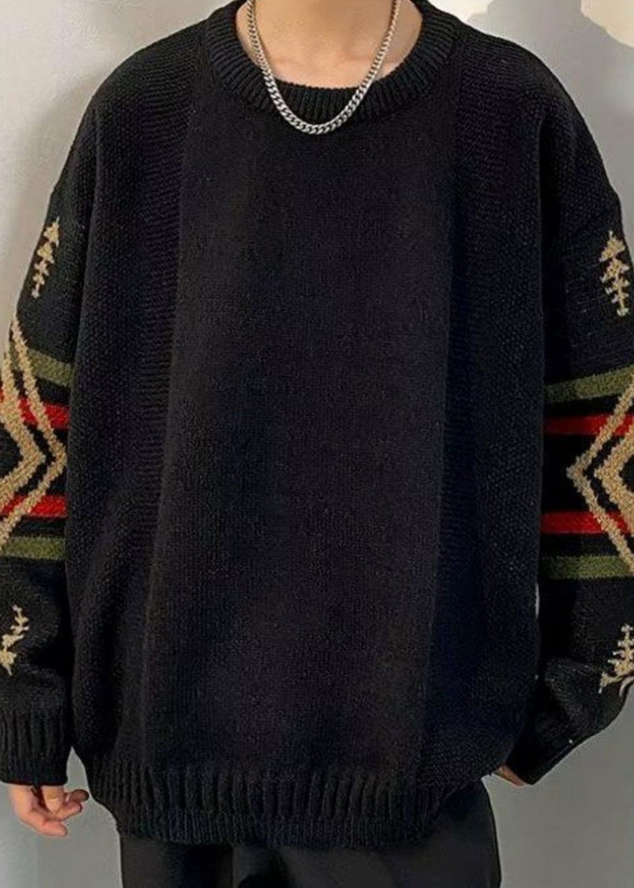 Loose Black Geometric Thick Knit Sweaters Winter