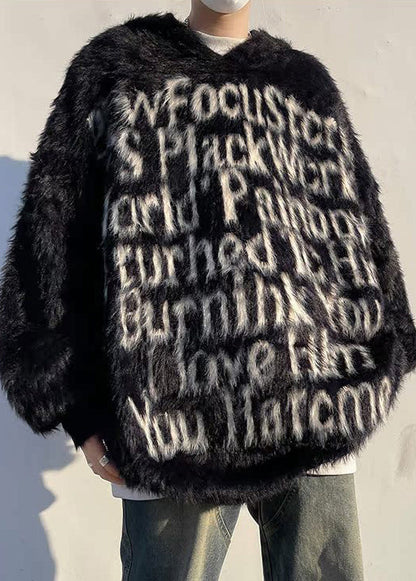 Loose Black Hooded Letter Mink Velvet Sweaters Winter