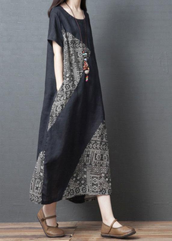 Loose Brown O-neck Patchwork Pockets Summer Holiday Dress Short Sleeve