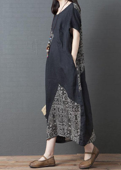 Loose Yellow Geometric O-neck Patchwork Pockets Summer Holiday Dress Short Sleeve
