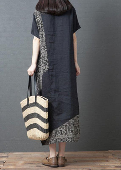 Loose Stripe Color O-neck Patchwork Pockets Summer Holiday Dress Short Sleeve