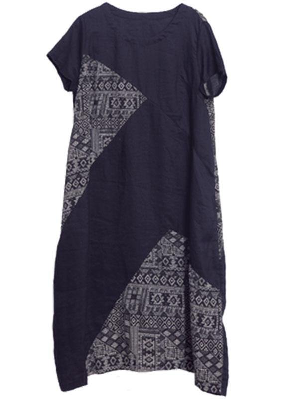Loose Brown O-neck Patchwork Pockets Summer Holiday Dress Short Sleeve