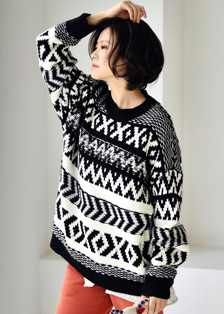 Loose Black O-neck Print Thick Cotton Knit Sweaters Fall