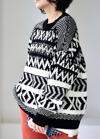 Loose Black O-neck Print Thick Cotton Knit Sweaters Fall
