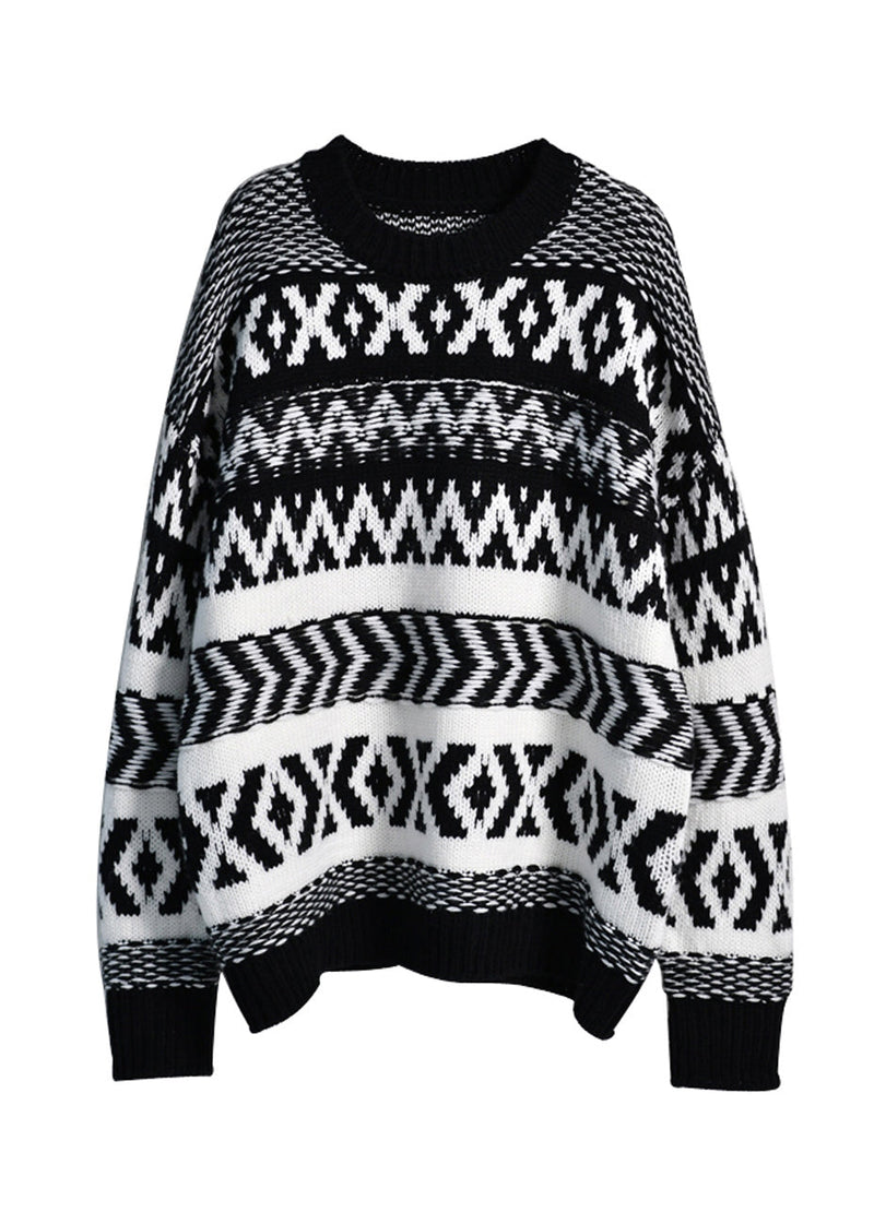 Loose Black O-neck Print Thick Cotton Knit Sweaters Fall