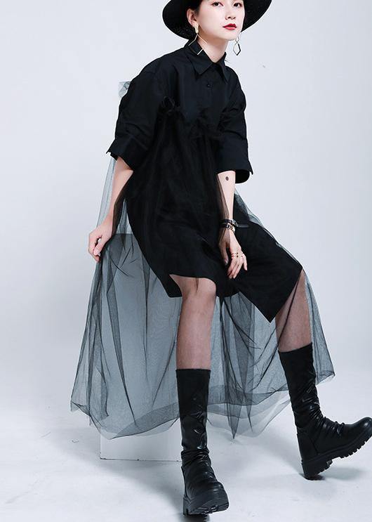 Loose Black Patchwork Lace Shirts Summer Cotton Dress