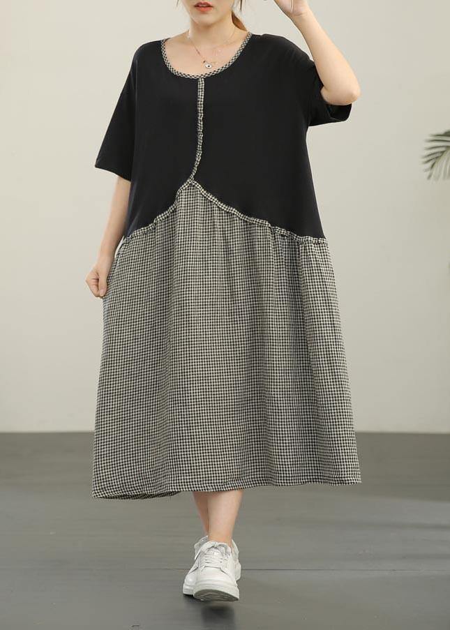 Loose Black Patchwork Plaid Asymmetrical Design Dresses Summer Cotton Linen
